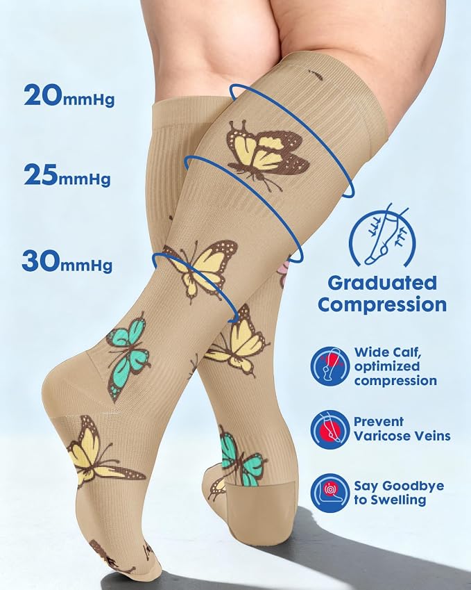 3-Pair Wide Calf Compression Socks for Women | 20-30mmHg Graduated Support, Easy On & Off, Knee High Length, Ankle Support, Travel Nurse Daily Wear, Cute Patterned - Image 5