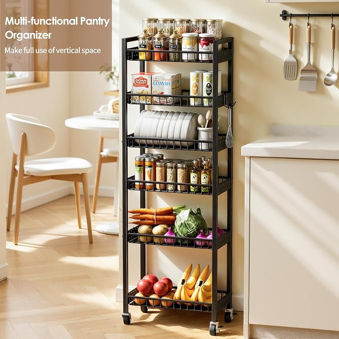 6 Tier Slim Storage Cart, Narrow Rolling Cart with Wheels, 10in(W) | Narrow Mobile Utility Shelf Unit Organizer for Kitchen, Bathroom, Laundry Room, Living Room, Small Places, Black - Image 6