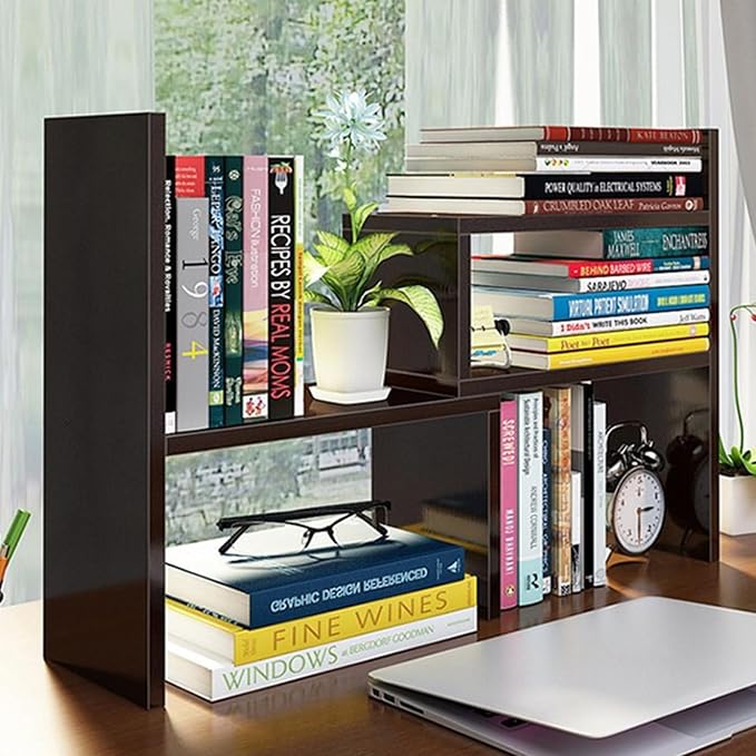 Desktop Shelf Organizer, Adjustable Wood Office Storage Rack, Counter Display Small Bookshelf for Home/Office/School(Dark Walnut) - Image 4