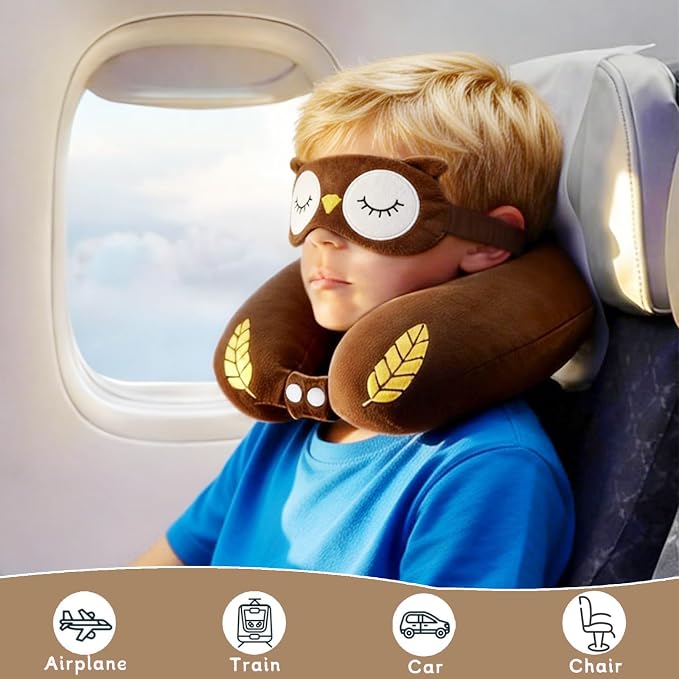 Travel Pillow, Kids Travel Pillow with Sleep Eye Mask Soft Memory Foam Kids Neck Pillow for Boys & Girls, Travel Accessories for Car Airplane Traveling - Owl - Image 6