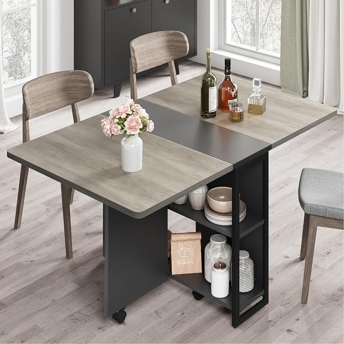IDEALHOUSE FoldingTable, Drop Leaf Dining Table with 6 Wheels and 2-Layer Storage Shelf, Space Saving Table for Small Spaces (Slate Oak, 47.2" D x 23.6" W x 29.5" H) by IDEALHOUSE