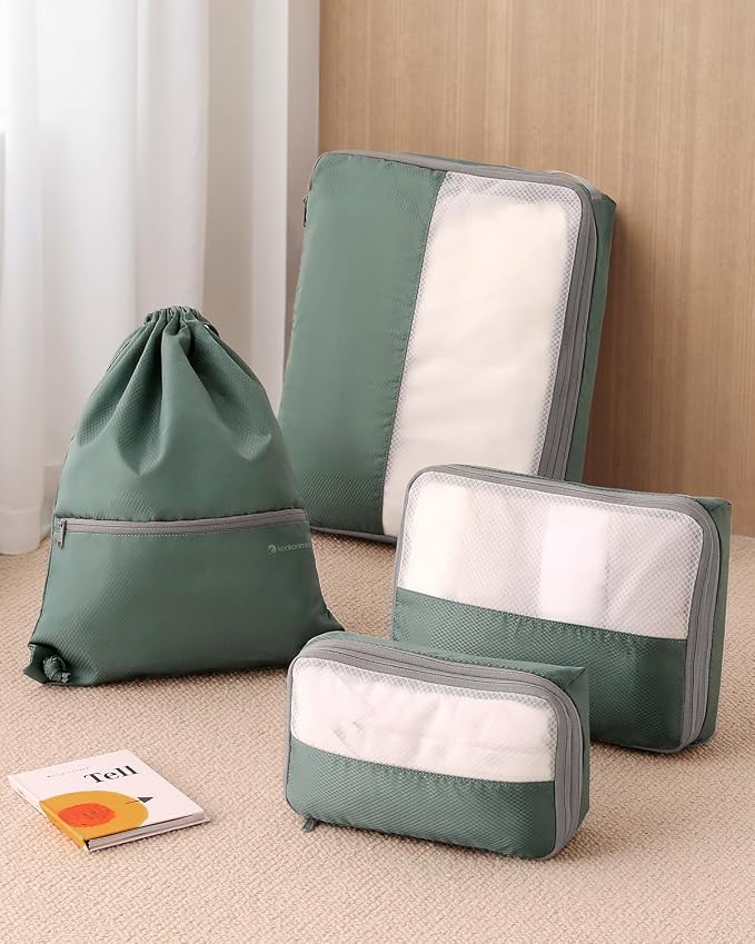 4 Set Compression Packing Cubes for Travel, Bonus Versatile Drawstring Backpack, Lightweight Luggage Organizer Bags, Sturdy Travel Accessories for Suitcase, Dark Green - Image 6