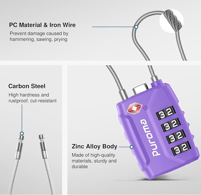 Puroma 2 TSA Approved Luggage Locks 4 Digit Code Cable Lock Basic Purple | Resettable, Flexible Cable, Zipper holes, Zinc Alloy, Bright Color, Large White Numbers, Suitcase Train Travel, laptop bag - Image 5