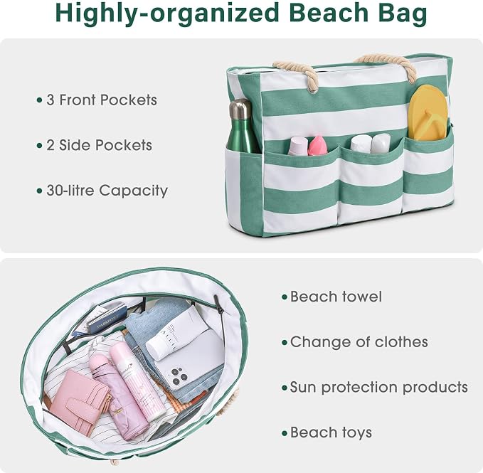 Becokan Beach Bags for Women Canvas Large Beach Tote Bag Zipper Waterproof Sandproof Foldable Swim Pool Bag with 7 Pockets - Image 7