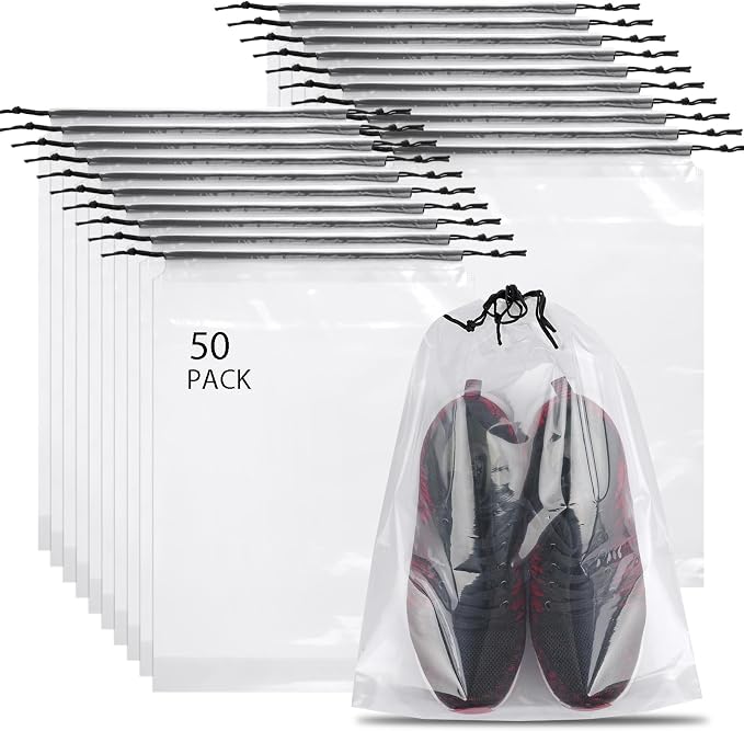 50 Pack Shoe Bags for Travel, Clear Travel Shoe Bags for Packing Waterproof | 15.7" x 11.8" Large Portable Drawstring Travel Shoe Storage Bag Travel Essentials Women for and Men by COIDEA