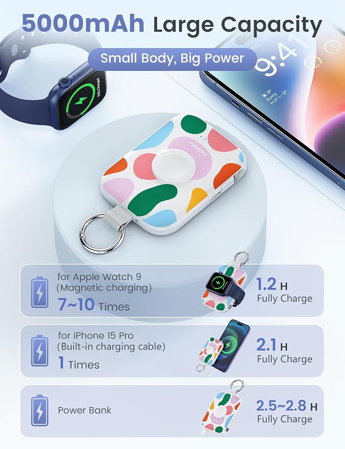 RORRY CharmGo Portable Charger, 5000mAh Portable Charger Power Bank | Built-in Cables,Travel Keychain Battery Pack Essentions for Apple Watch 1~11 Series/Ultra/SE & iPhone Air/17/16/15/14/13/12 - Image 3
