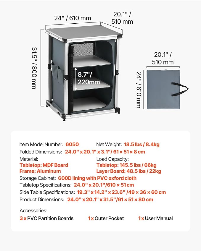 VEVOR Folding Camping Storage Cabinet, Outdoor Portable Aluminum Lightweight Table, Quick Set-up Compact Kitchen Cook Station, with 3 Shelves and Carry Bag, for Picnic, BBQ, Camping, RV Traveling - Image 8