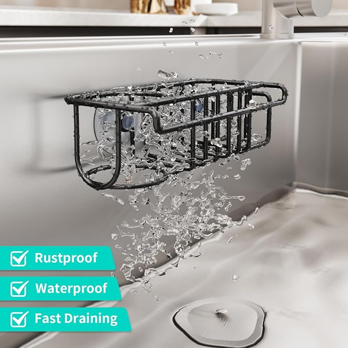 HapiRm 4 in 1 Kitchen Organizers and Storage, SUS304 Stainless Steel Brush Holder + Dish Cloth Hanger + Soap Rack + Sink Stopper Rack, No Drill Kitchen Essentials - Black - Image 3
