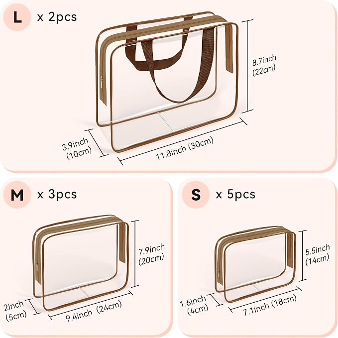 TISRATOK 10 PCS Clear Travel Bags for Toiletries,Clear Makeup Bags（Coffee） | 3 Size plastic clear bags with zipper handbag, TSA approved cosmetic pouch for travel, swimsuit,toy storage bags - Image 2