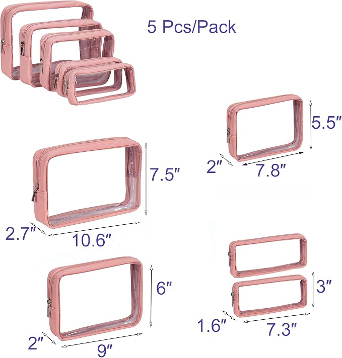 Remobia Hicol TSA Approved 5-Piece Diaper Bag Organizer Pouch Set Clear Waterproof TPU Kids Toiletry Storage Set Travel Packing Clutch Cube Bags for Baby Nursing (Pink Leather) - Image 2