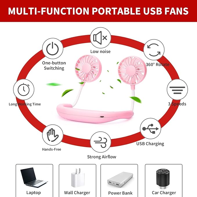 JUANANIUG Portable Neck Fan Rechargeable Personal HandFree Fan Mini USB Wearable Neckband Sport Fan 3 Speed Adjustable 360 Degrees Rotation Perfect for Working Traveling Office Reading (Pink) - Image 5