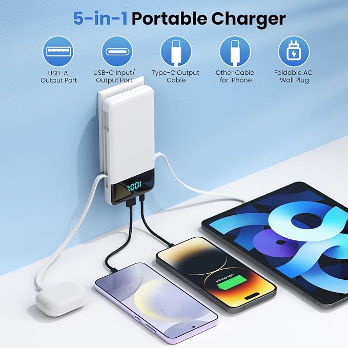 Portable Charger for iPhone with Built-in Cables and Wall Plug,Upgraded 13800mAh Fast Charging USB C Power Bank,4 Outputs Slim Travel Essential Battery Pack for iPhone 17/16/15/14/13,Galaxy,-White - Image 3
