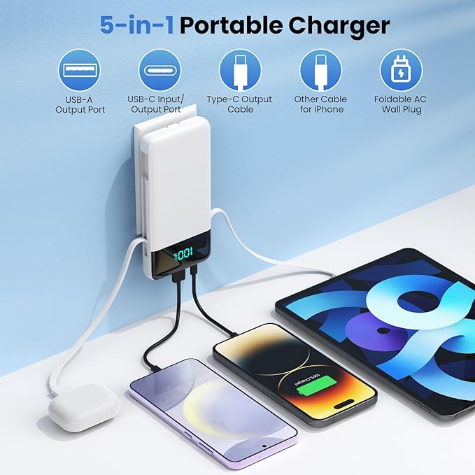 Portable Charger for iPhone,13800mAh Slim Power Bank with Built-in Cables & AC Wall Plug,All in One 4 Outputs USB C Fast Charging Battery Pack Travel Essential for iPhone 17/16/15/14,Android (White) - Image 2