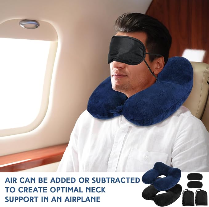 Sintuff 2 Pack Inflatable Travel Pillow for Airplanes Inflatable Neck Flight Pillows with Compact Bag and Blindfold for Traveling, Airplane, Train, Car, Office(Black and Blue) - Image 5