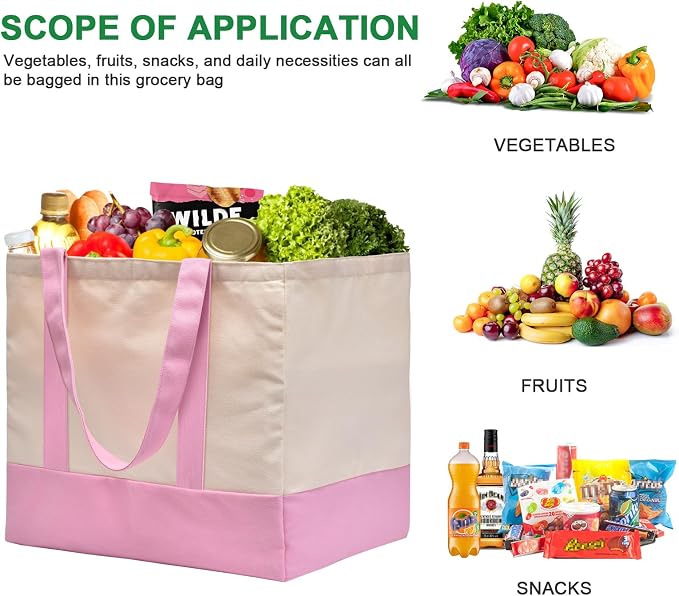 1-Pack Heavy Duty Canvas Reusable Grocery Bags, 8.3 Gal Foldable Large Tote with Handles, Washable Eco-friendly Bags with 5 Pockets, (Pink/Beige) - Image 3