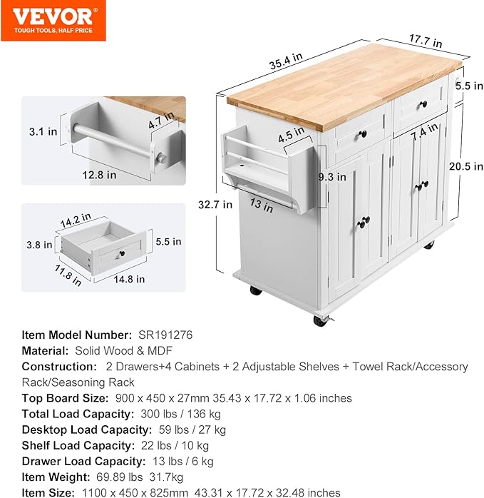 VEVOR Kitchen Island Cart with Solid Wood Top, 35.4" Width Mobile Carts with Storage Cabinet, Rolling Kitchen Table with Spice Rack, Towel Rack, and Drawer, Portable Islands on Wheels, White | Rolling Table with Storage Cabinet, Spice/Towel Rack, Drawe... - Image 7