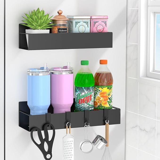 2 Pack Magnetic Spice Rack for Refrigerator Black | Magnetic Cup Holder for Fridge, Magnetic Fridge Shelf with Hooks, Kids Sippy Cup Holder Kitchen by Unknown