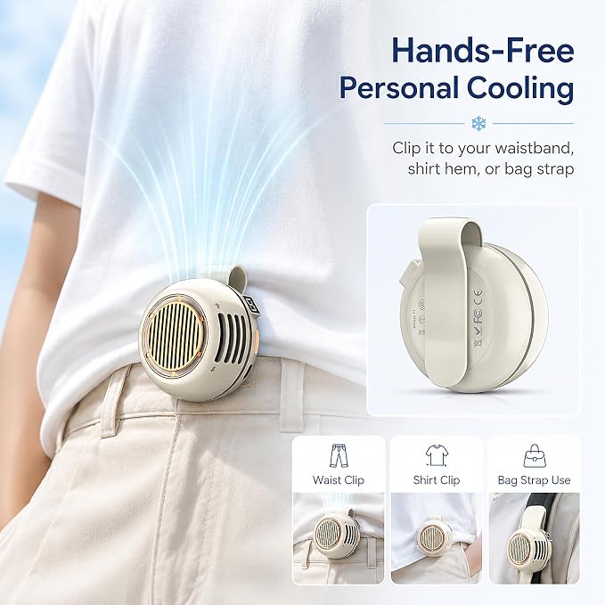 Portable Clip on Fan, Bladeless Waist Clip Fan with 5 Speeds, USB-C Rechargeable Mini Quiet Fan, LED Display, 1000mAh Battery, 82g Lightweight, Up to 6 Hours for Outdoor Office Travel Sports, Beige - Image 2