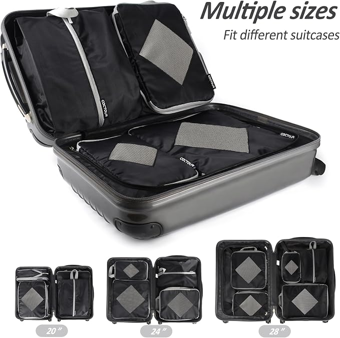 CaCTOUR Compression Packing Cubes for Travel,Expandable Packing Cubes for Suitcases, 5 Set Lightweight Compression Travel Cubes, Luggage Packing Organizers Bags Set, Travel Accessories (Black) - Image 6