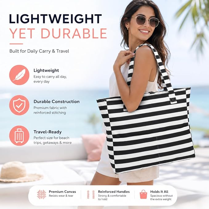 LEDAOU Large Beach Bag for Women, Waterproof Sandproof Tote Bag with Zipper | 36L Pool and Swim bag with Zipper, Wet/Dry pocket and 7 Pockets for Beach Days, Cruises, Vacations and Family travel - Image 2