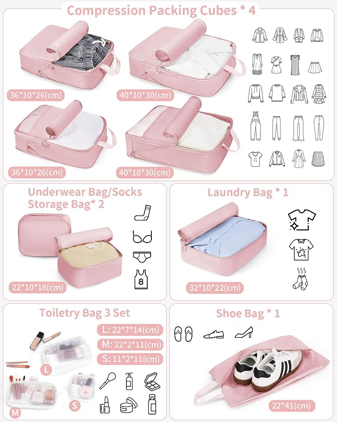 11-Piece Expandable Compression Packing Cubes, Travel Luggage Organizers Set for Suitcase, Lightweight Fabric Packing Bags for Travel Essentials Pink - Image 2