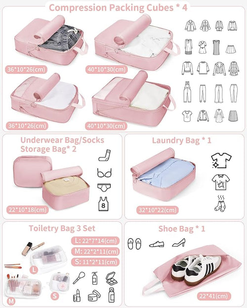 11-Piece Expandable Compression Packing Cubes, Travel Luggage Organizers Set for Suitcase, Lightweight Fabric Packing Bags for Travel Essentials Pink - Image 2