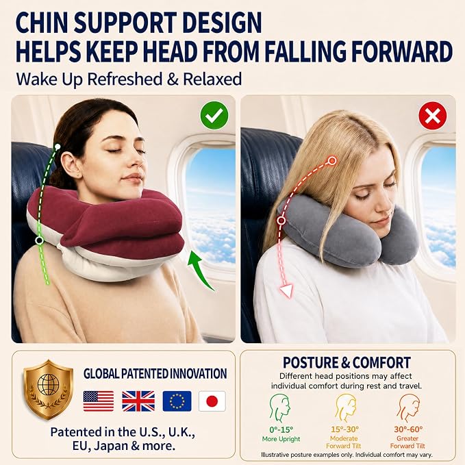 Travel Neck Pillows for Airplanes, Memory Foam 360° Head Support Sleep for Long Flight, Skin-Friendly & Breathable, Kit with Eye Mask, Earplugs and Storage Bag (Adult, Red, 90+ lbs) - Image 3