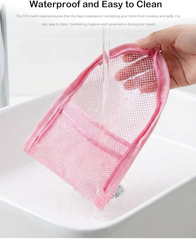 2 Pack EVA Mesh Toiletry Bag - Standing & Foldable Travel Toothbrush Storage, Waterproof and Portable for Camping, Outdoor Activities, Home Storage, Gifts for Women, Men, Travelers (Grey+Pink) - Image 4