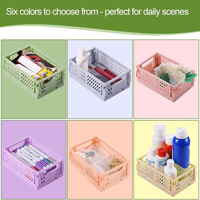 HUUSMOT 6-Pack Collapsible Small Plastic Storage Baskets, 5.9"x3.8"x2.2" | Pastel, Space-Saving, Collapsible Plastic Bins, Cute Mini Storage Crates, for Classroom, Kitchen, Office, Bedroom - Image 2