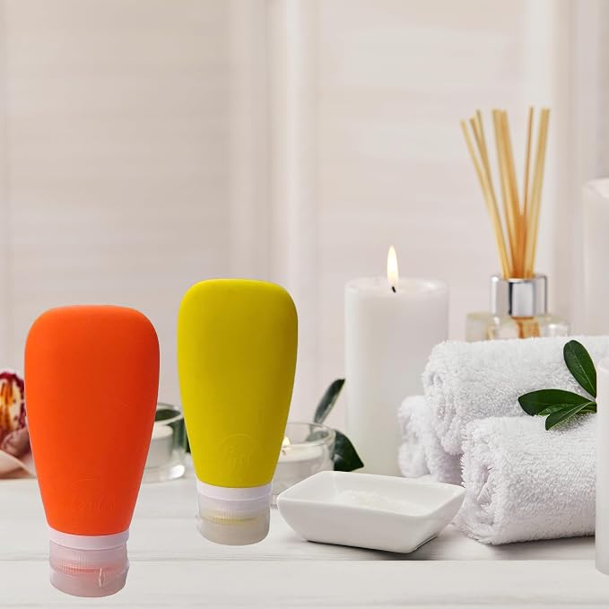 Travel Bottles for Toiletries, TSA Approved 3 oz Leak Proof Silicone Refillable Squeeze Travel Size Containers BPA Free for Cleansers, Lotions, Shampoo for Airplane 2pk (Orange,Yellow) - Image 2