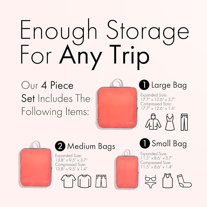 (Not Made In China) Compression Packing Cubes For Travel, Suitcase and Luggage Space Saver Organizer Bags, Lightweight, Waterproof Nylon, Durable, 4pc Set, Coral - Image 2
