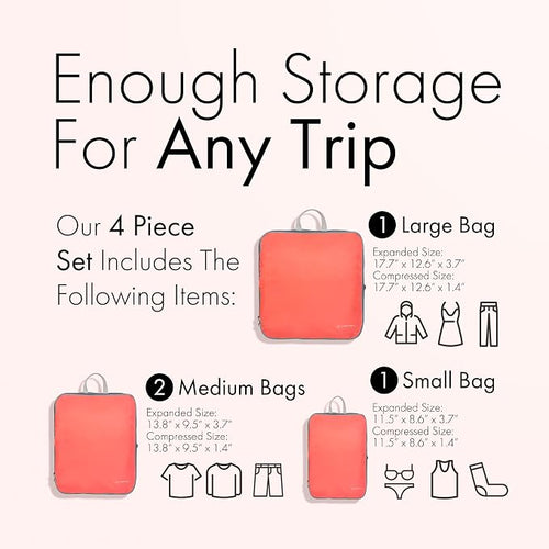 (Not Made In China) Compression Packing Cubes For Travel, Suitcase and Luggage Space Saver Organizer Bags, Lightweight, Waterproof Nylon, Durable, 4pc Set, Coral - Image 2