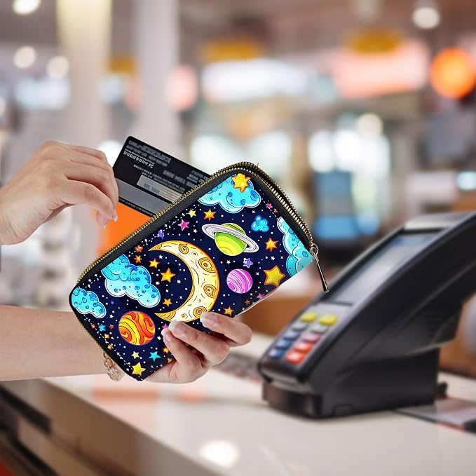 Wallet,Leather Long Wallet Suitable For Ladies And Teenagers - Detachable Wristband + RFID Travel Wallet With Card Slot - Colored Universe - Image 5