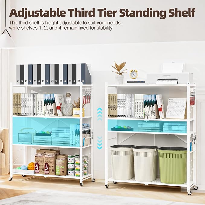 39.4" Wide 4-Tier Foldable Storage Shelves with Wheels & 20 Hooks | Heavy Duty Metal Folding Shelf Unit, No Assembly, Adjustable 3rd Shelf for Kitchen, Garage, Pantry, Bookshelf, White - Image 4