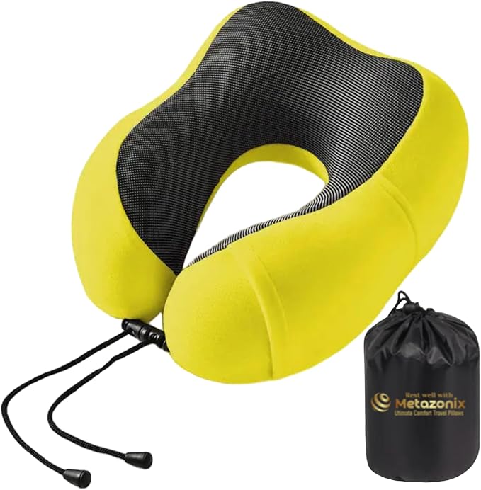 Travel Pillow - 100% Memory Foam - Travel Pillows for Airplane - Neck Pillow Airplane and Car Use - Memory Foam Travel Neck Pillow - Travel Essentials for Women and Men (Yellow) by VorgatoLuxury