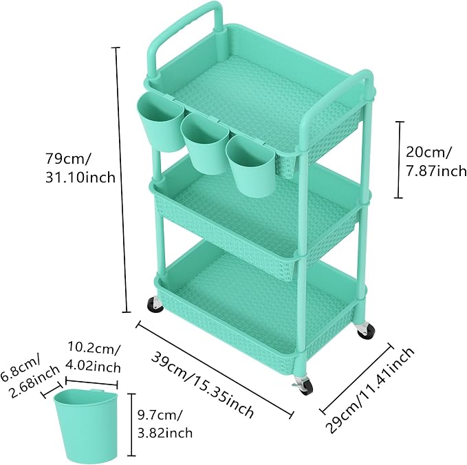 MOYIPIN 3-Tier Plastic Rolling Utility Cart with Handle,Turquoise | Utility Storage Cart for Office, Living Room, Kitchen,Movable Storage Organizer，Easy installation，Rattan-like art design - Image 2