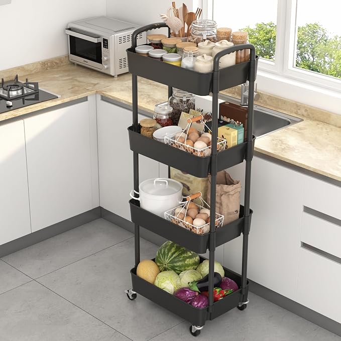 Sywhitta 4-Tier Plastic Rolling Utility Cart with Handle, Multi-Functional Storage Trolley for Office, Living Room, Kitchen, Movable Storage Organizer with Wheels, Black (Pack of 2) - Image 7