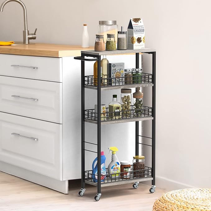 NOVIMANGO Slim Storage Cart Narrow Kitchen Cart 4 Tier, Grey | Slim Rolling Cart for Kitchen, Slim Bathroom Storage Cart with Wheels, with Wood Tabletop, for Narrow Spaces - Image 7