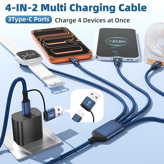 MPATIBY 3Type C 4-in-2 Multi Charging Cable for iWatch Charger/iPhone17 5FT | Portable Cruise Camping Travel Essentials, USB C Splitter for iWatch Ultra/SE/11-2, New iPhone Charger/S26, Support Carplay - Image 2