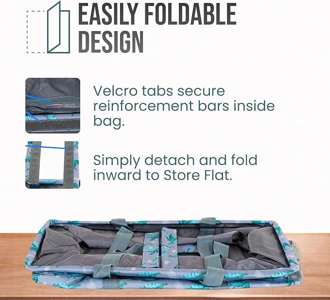 Extra Large Utility Tote Bag - Oversized Collapsible Reusable Wire Frame Rectangular Canvas Basket With Two Exterior Pockets For Beach, Pool, Laundry, Car Trunk, Storage - Turtle - Image 6