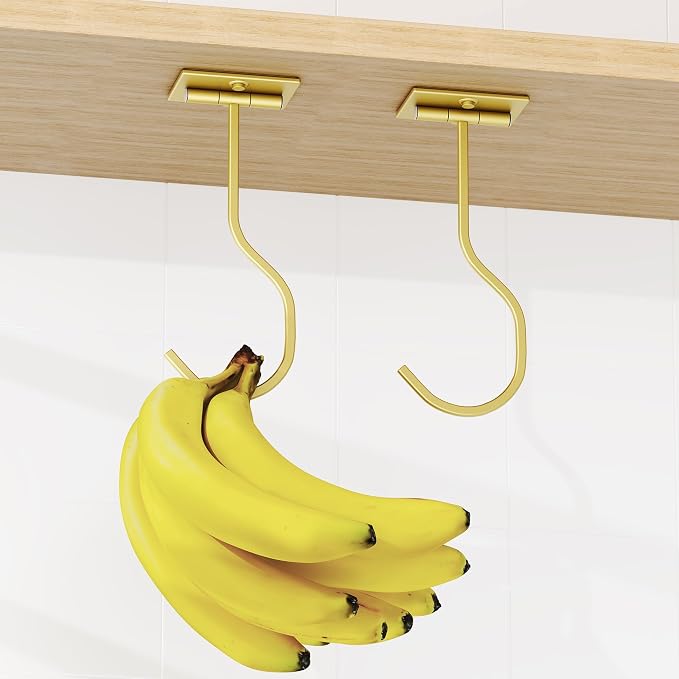 bussdis Adhesive Banana Hook Under Cabinet: 2-Pack Foldable Metal Banana Hanger, Space-Saving Under Counter Banana Holder for Kitchen & RV, Gold | Foldable Banana Hanger, Metal Banana Holder, Hold 20 Bananas, Space-Saving Design, Folding with Magnets W... - Image 3