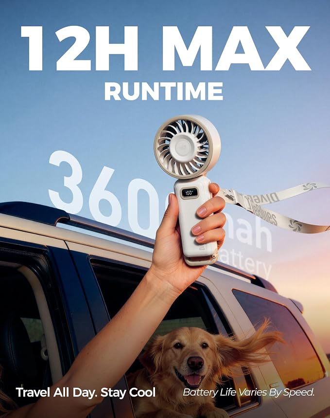 Diveblues Portable Turbo Fan, 100 Speed Handheld Fan with Strong Airflow, Foldable 4 in 1 Personal Fan for Neck, Desk & Travel, USB-C Rechargeable, Lightweight for Summer, Concerts & Outdoor Use - Image 5