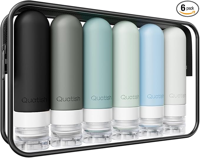 Quatish Travel Bottles for Toiletries 6 Pack, Original Patented Leakproof 3 oz Tsa Approved Travel Size Containers, BPA Free Silicone Shampoo and Conditioner Bottles, Cruise Camping Essentials, Black by Quatish