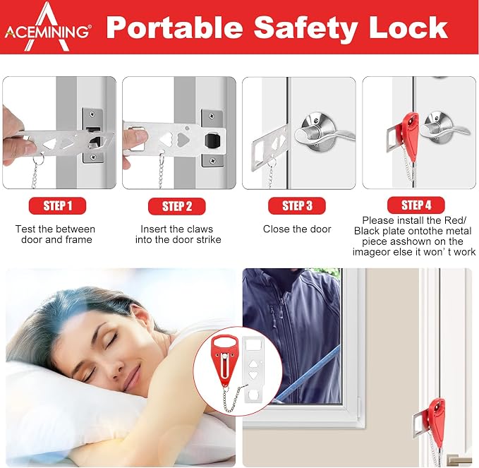 AceMining Portable Door Lock, Hotel Travel Lock for Home, 4 Pack | Extra privacy lock for apartments, dorms, rentals, trips and bedrooms; compact latch design installs in seconds - Image 2