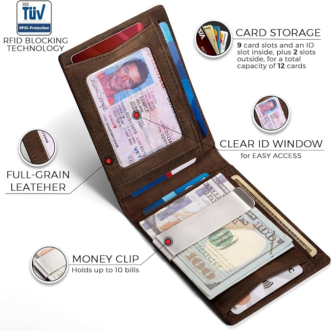 Zitahli Genuine Leather Wallet for Men 12 Card Slim Mens Wallets Bifold RFID Blocking with Money Clip & ID Window Thin Minimalist Card Holder Wallet with Gift Box - Image 3