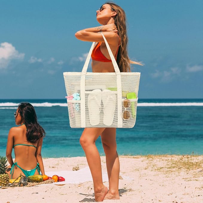 Fammart Mesh Beach Bag for Women, Summer Straw Tote Hobo Pool Bags with Zipper Pocket, Travel Vacation Cruise Essentials 2026 - Image 2