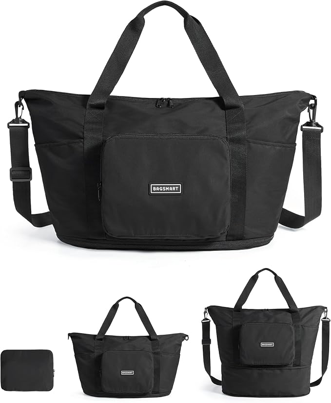 BAGSMART Foldable Travel Bag, 37L Expandable Personal Item Bag, Black | Airline Approved Personal Carry-on Size, Fits Under-seat, Trolley Sleeve, Backup Bag for Travel, Vacation, Overnight by BAGSMART