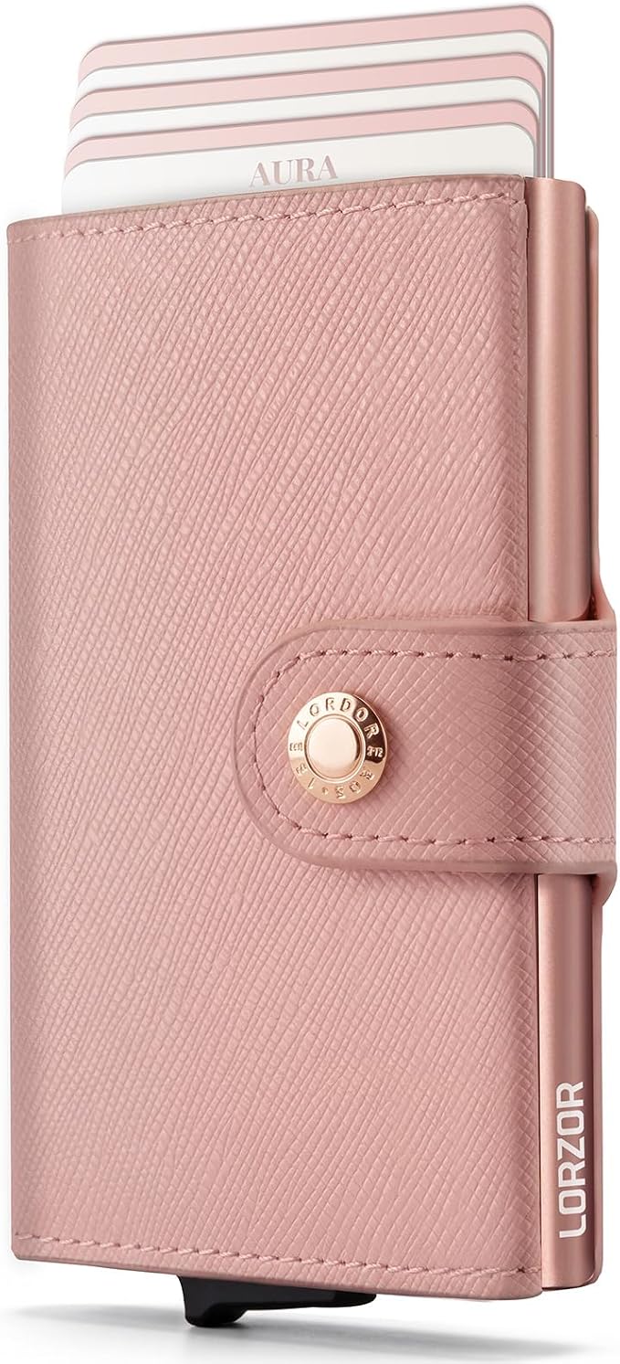 Women Wallet RFID Blocking Wallet for Women, Slim Small Size, Top Grain Leather, Pop up Credit Card Holder, Trifold, Minimalist, Pink Saffiano 9-11 Cards Capacity ID Window Cash Pocket,Gift for Her by LORZOR