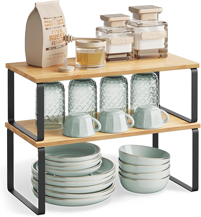 SONGMICS Cabinet Organizer Shelf, Set of 4 Spice Rack, Kitchen Storage | Kitchen Storage, Spice Rack, Steel and Bamboo, Light Bamboo and Matte Black, BYSTRO Collection UKCS210B01 - Image 8