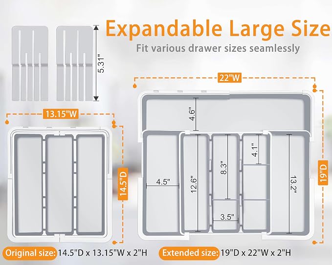 Homecor Large Utensil Organizer for Kitchen Drawer, Expandable Silverware Drawer Organizer Cooking Tray, Cutlery and Flatware Utensil Holder Kitchen Spatula Tools Storage with 3 Dividers, Grey - Image 2